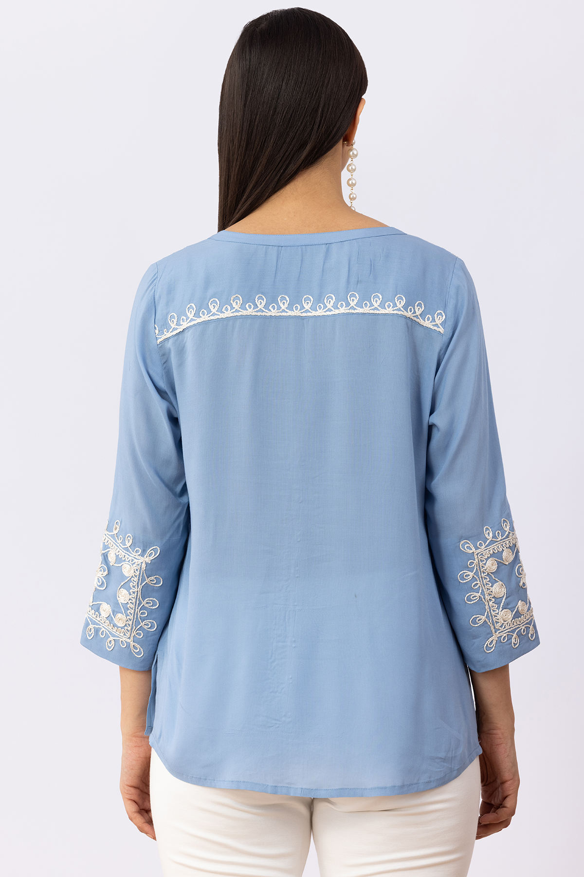 women embroidered shirt ice blue viscose modal round neck 3/4 sleeves regular fit