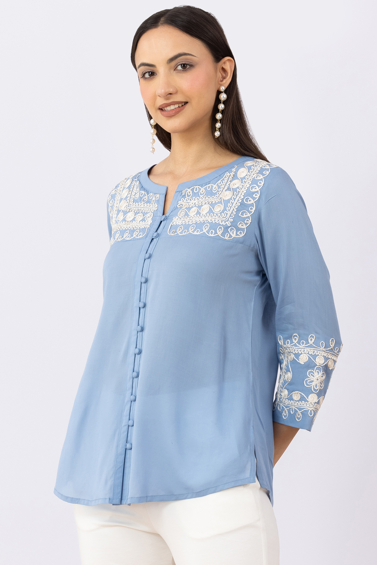 women embroidered shirt ice blue viscose modal round neck 3/4 sleeves regular fit