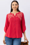 women's linen top pink embroidered round neck 3/4 sleeves regular fit