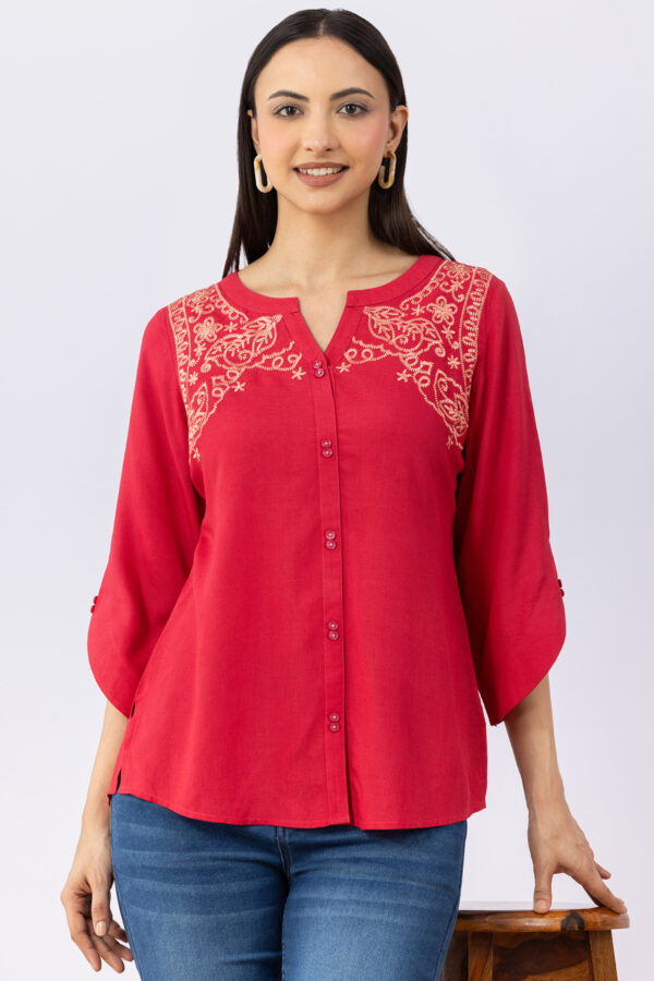 women's linen top pink embroidered round neck 3/4 sleeves regular fit