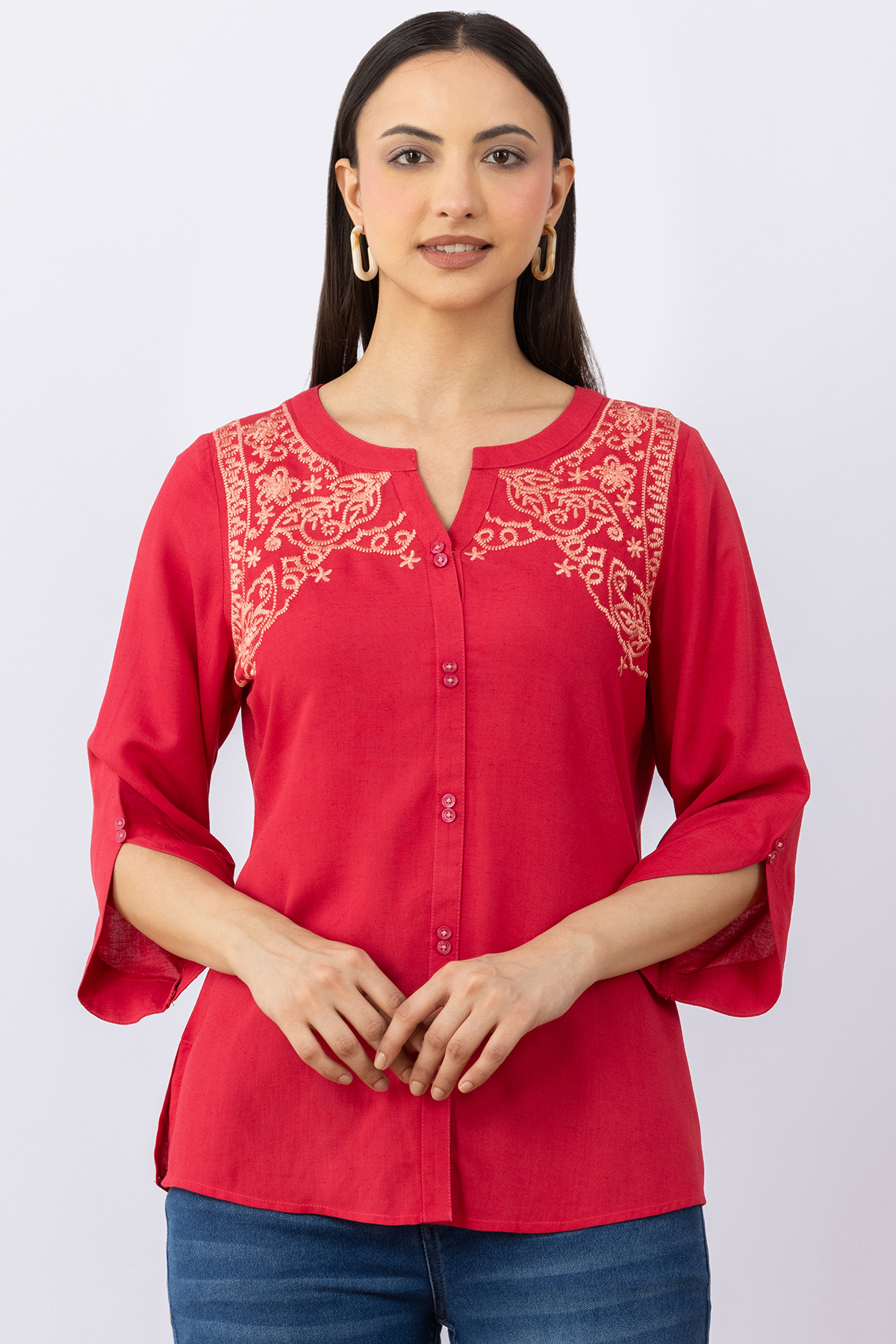 women's linen top pink embroidered round neck 3/4 sleeves regular fit
