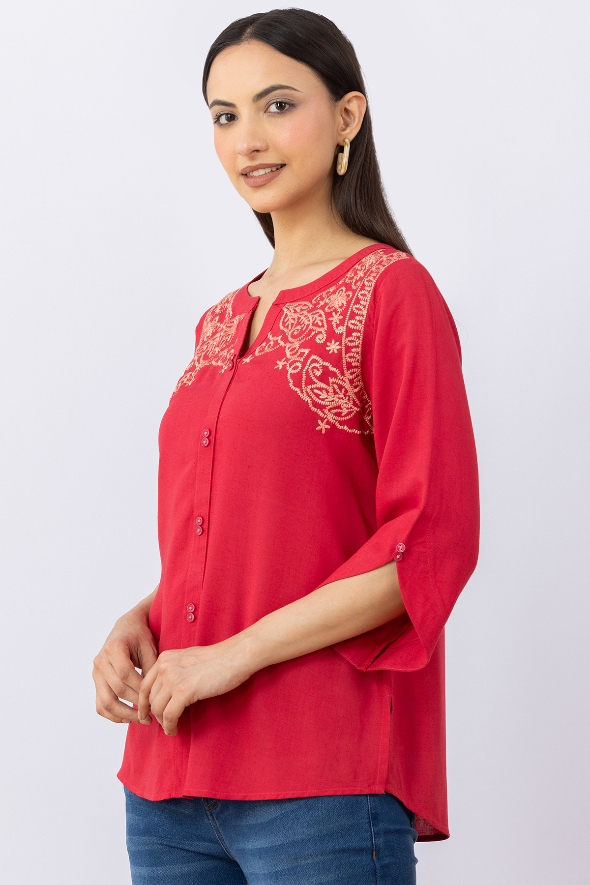 women's linen top pink embroidered round neck 3/4 sleeves regular fit