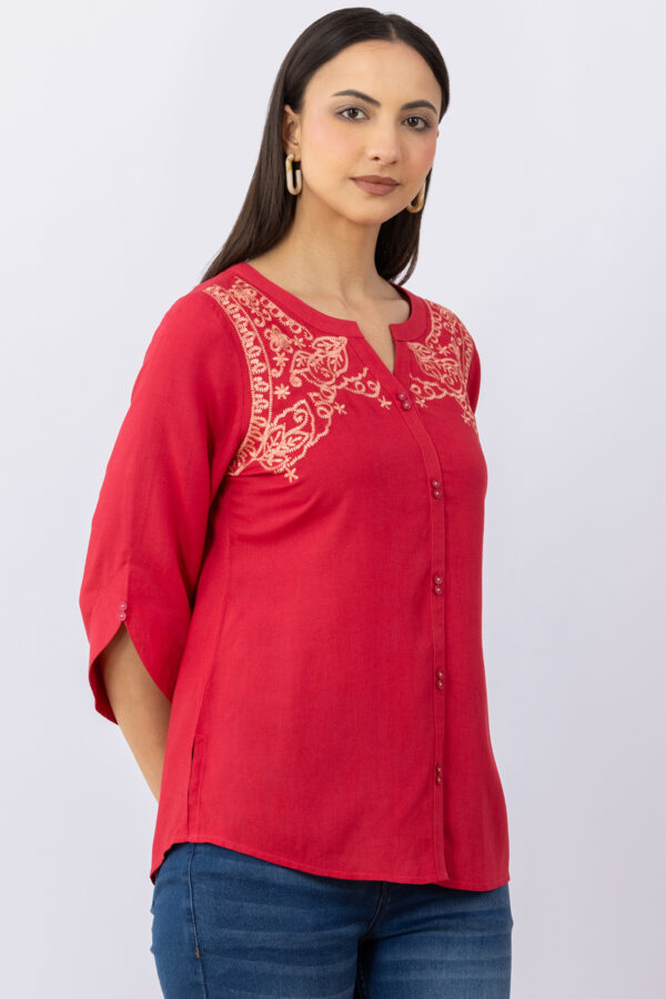 women's linen top pink embroidered round neck 3/4 sleeves regular fit