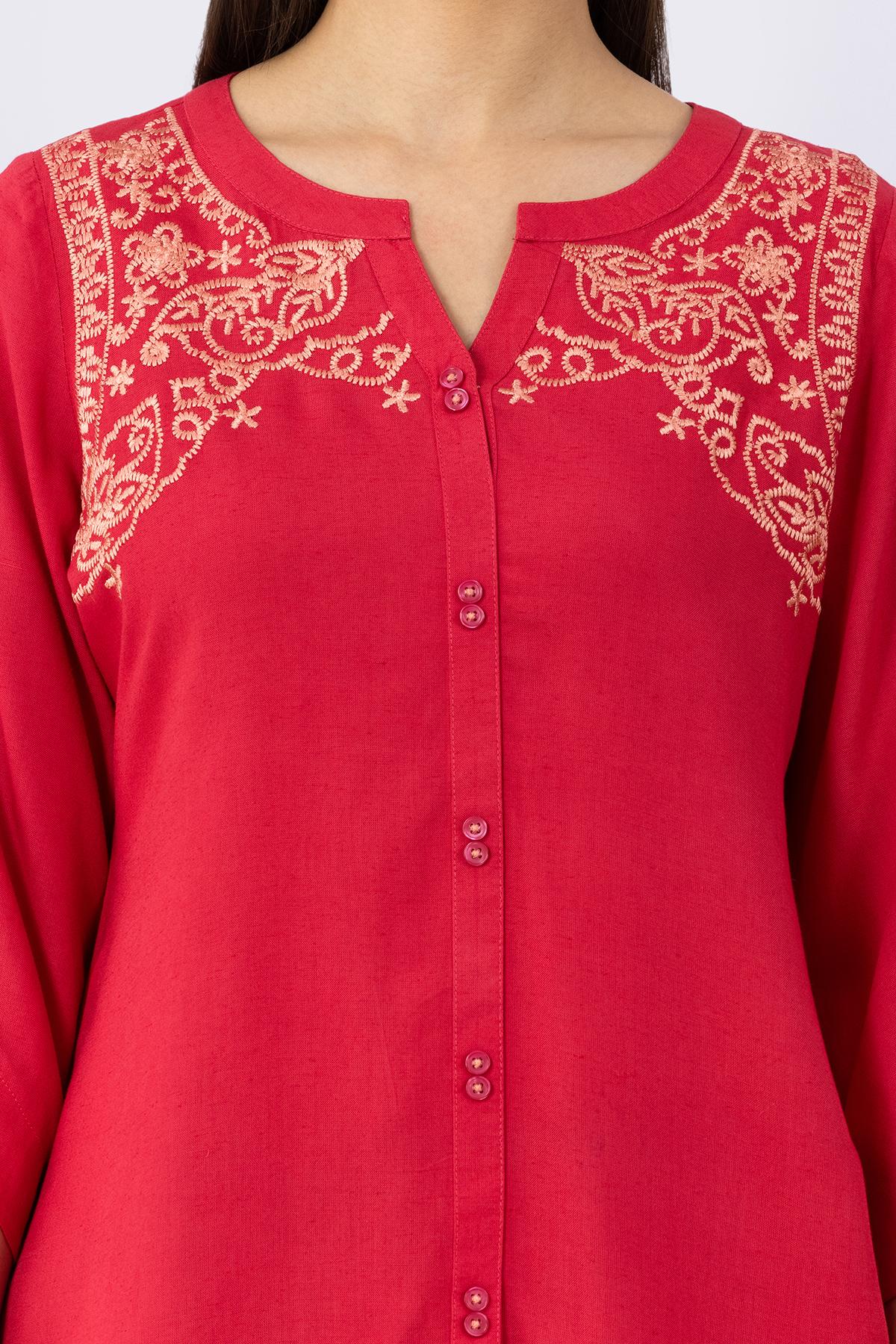 women's linen top pink embroidered round neck 3/4 sleeves regular fit