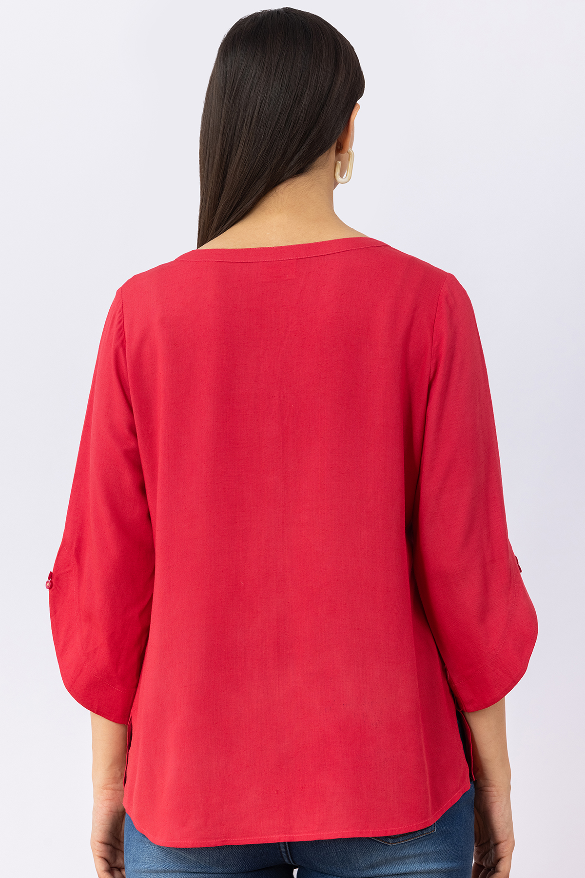 women's linen top pink embroidered round neck 3/4 sleeves regular fit