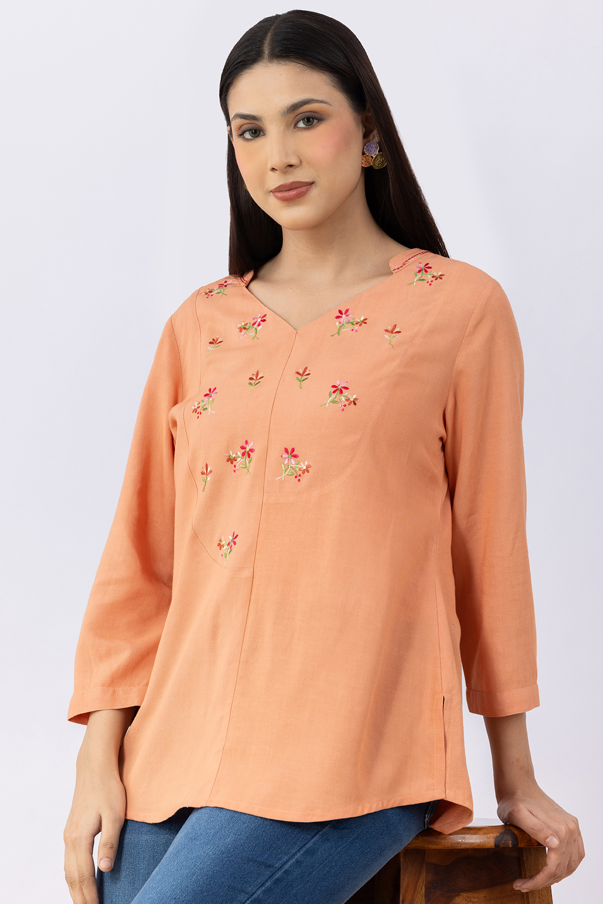 linen top women orange embroidered v neck 3/4 sleeves regular fit