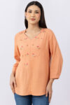 linen top women orange embroidered v neck 3/4 sleeves regular fit