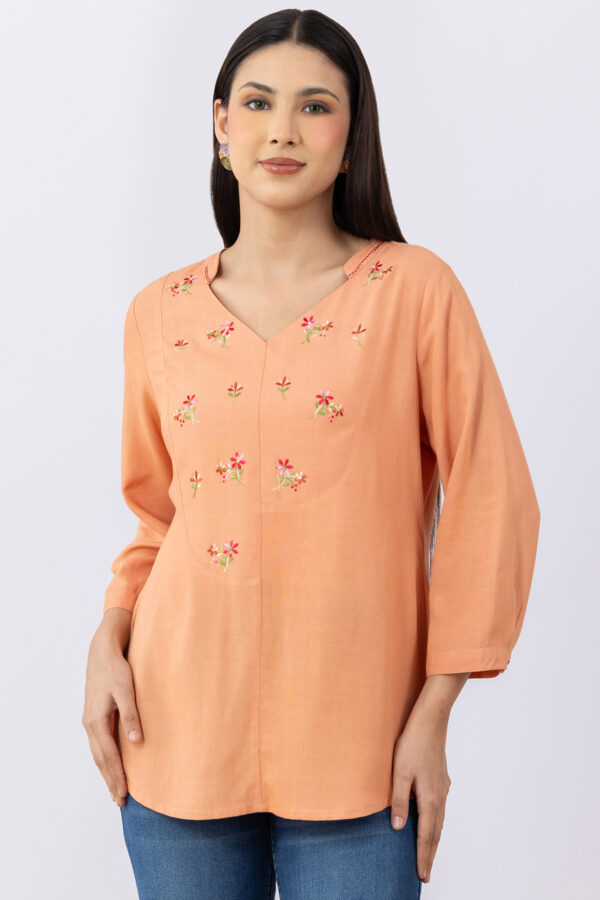 linen top women orange embroidered v neck 3/4 sleeves regular fit