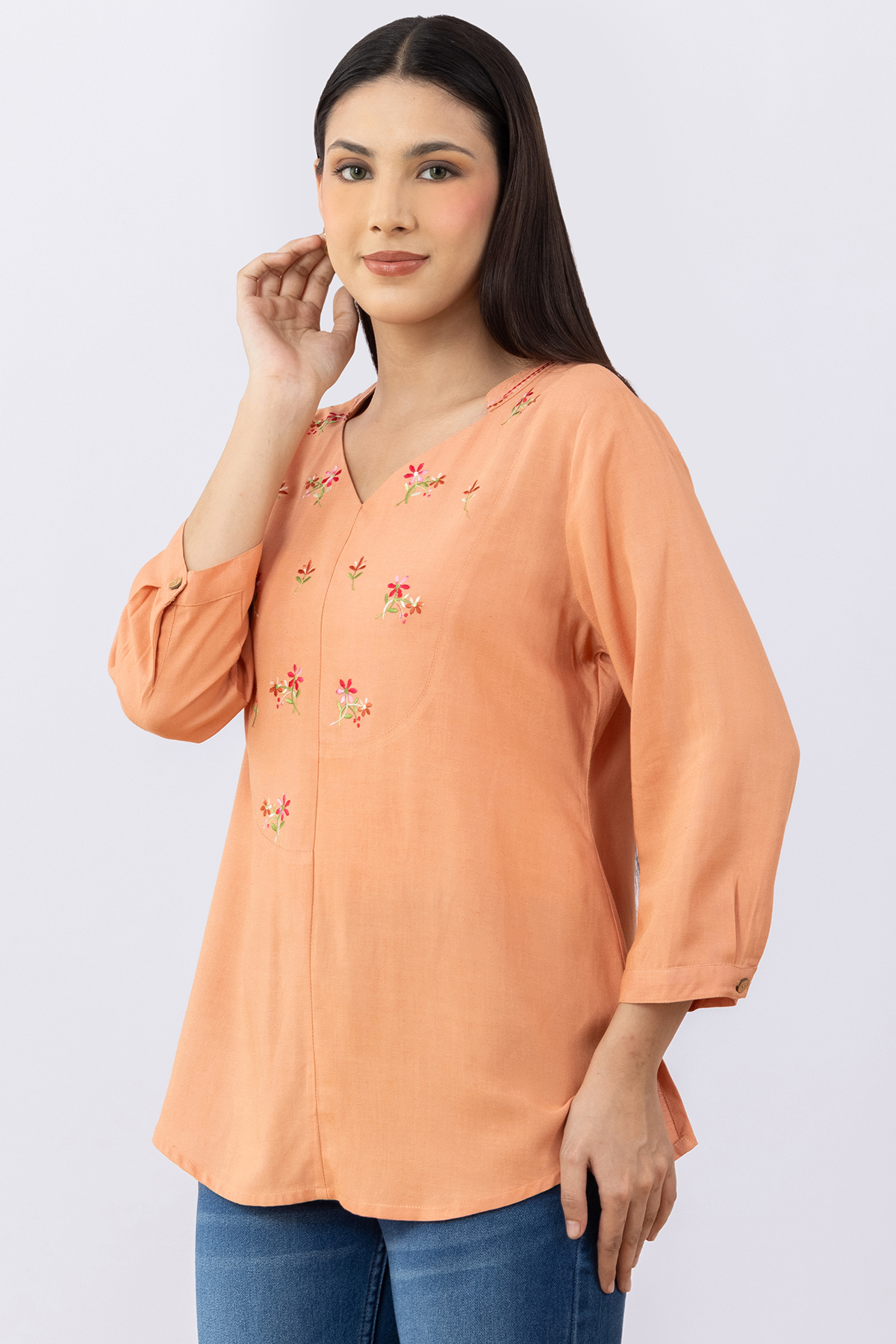 linen top women orange embroidered v neck 3/4 sleeves regular fit