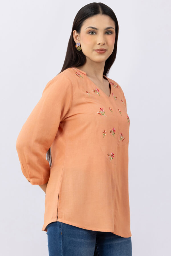 linen top women orange embroidered v neck 3/4 sleeves regular fit