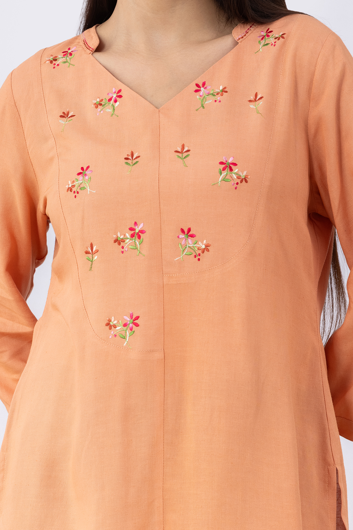 linen top women orange embroidered v neck 3/4 sleeves regular fit
