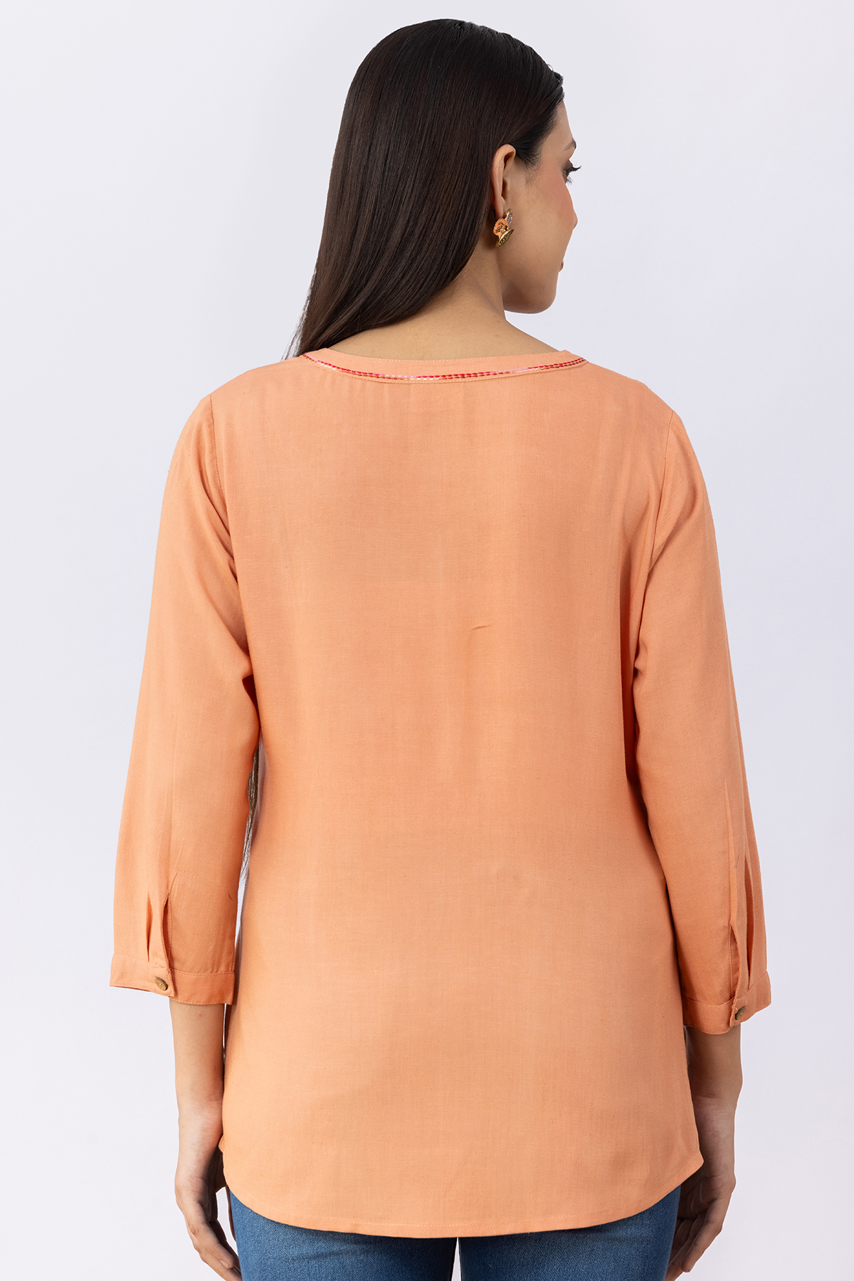 linen top women orange embroidered v neck 3/4 sleeves regular fit