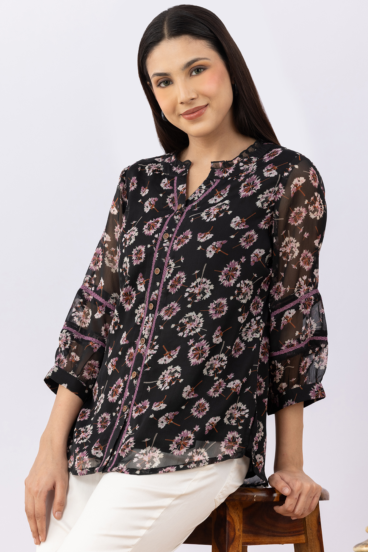 black top for women printed chiffon round neck 3/4 sleeves