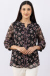 black top for women printed chiffon round neck 3/4 sleeves