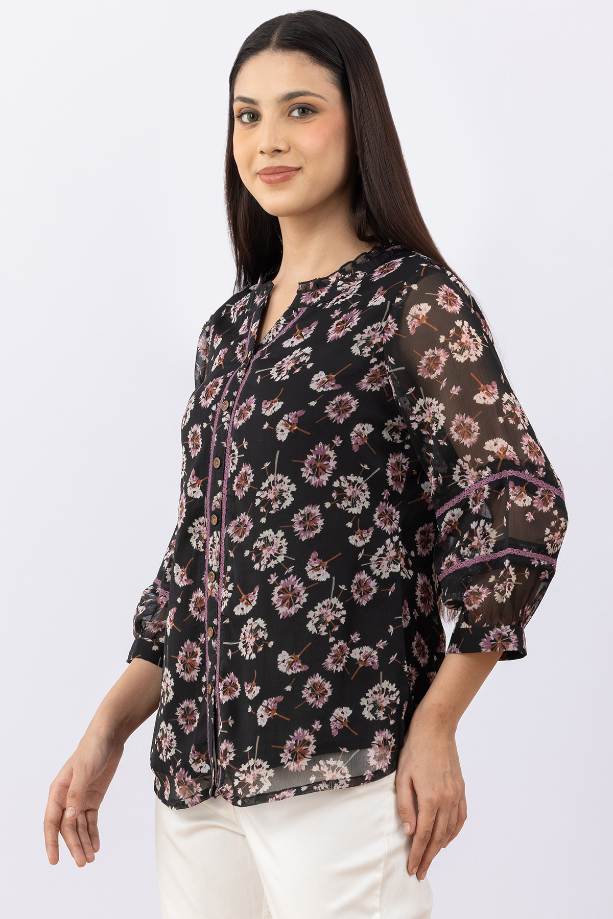 black top for women printed chiffon round neck 3/4 sleeves