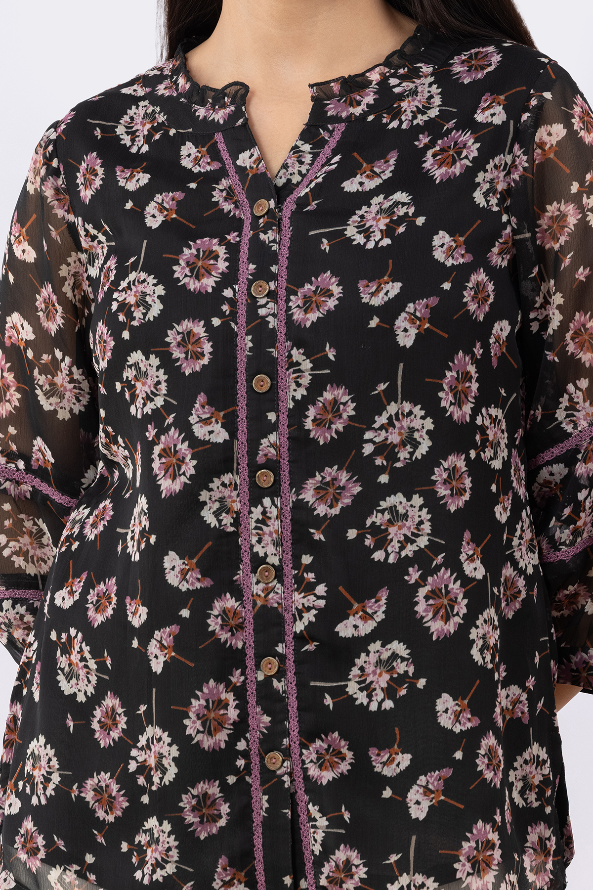 black top for women printed chiffon round neck 3/4 sleeves