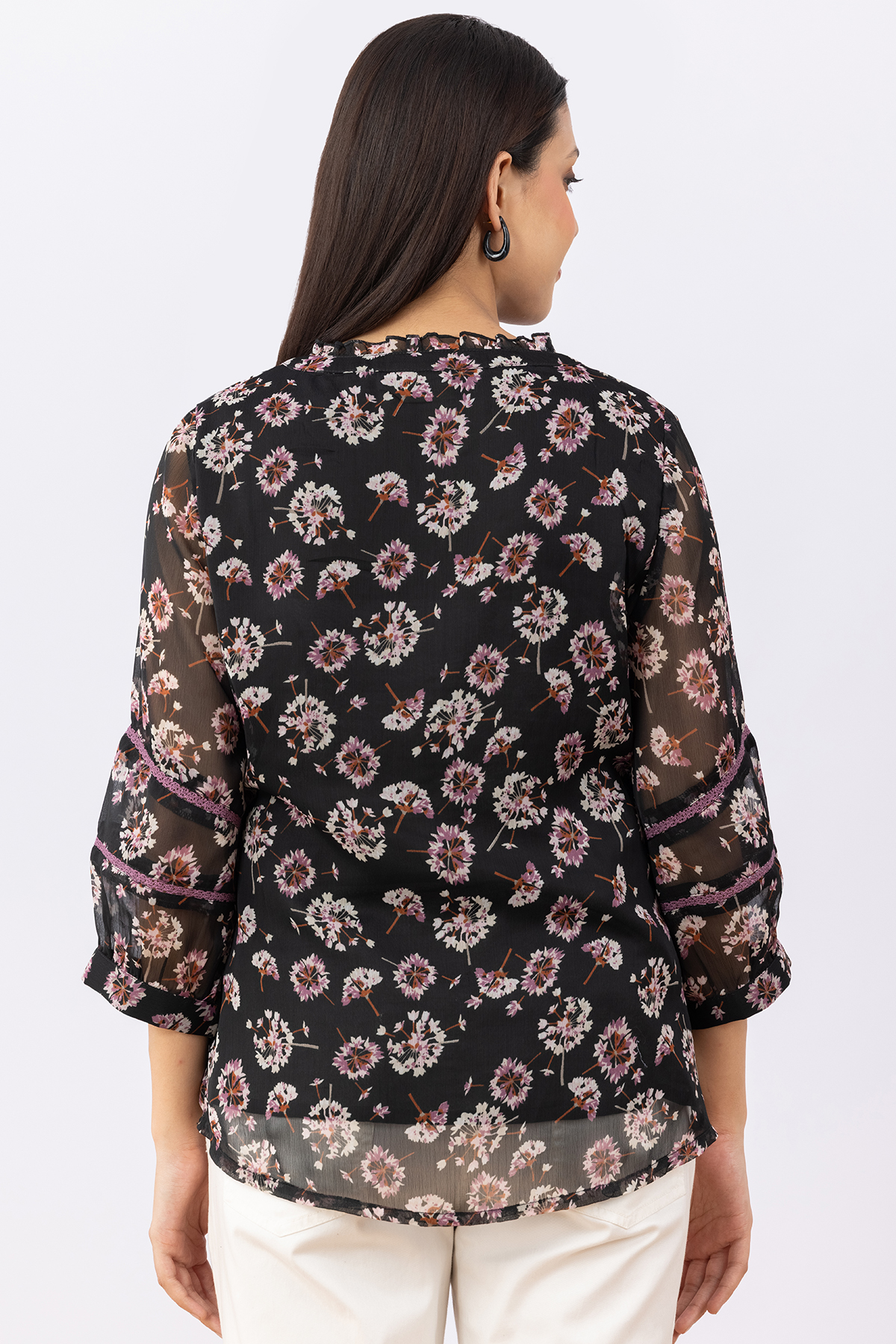 black top for women printed chiffon round neck 3/4 sleeves