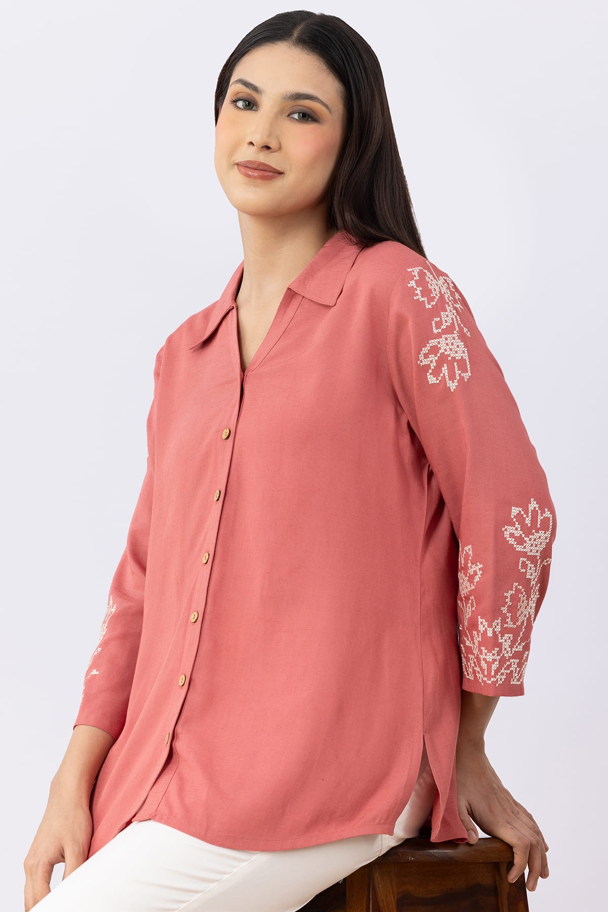 female linen shirt coral embroidered viscose linen collared 3/4 sleeves