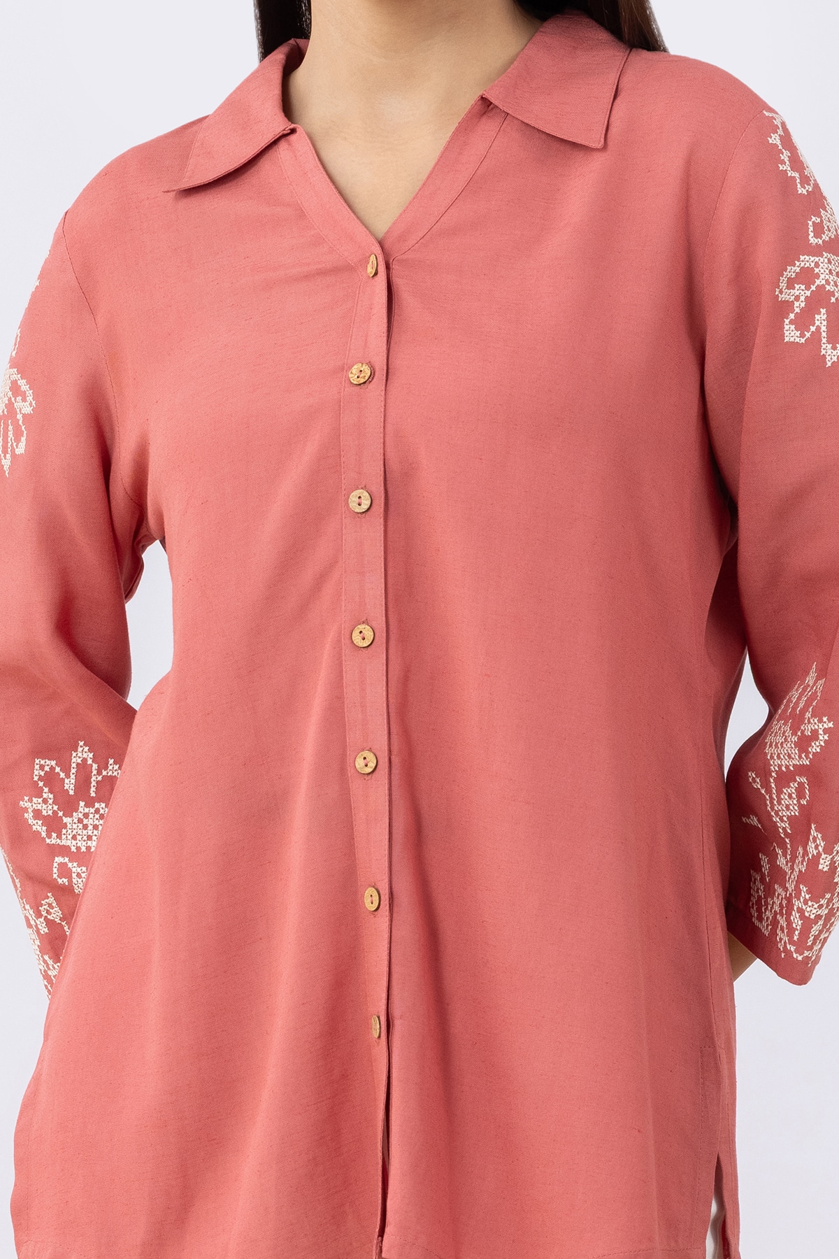 female linen shirt coral embroidered viscose linen collared 3/4 sleeves
