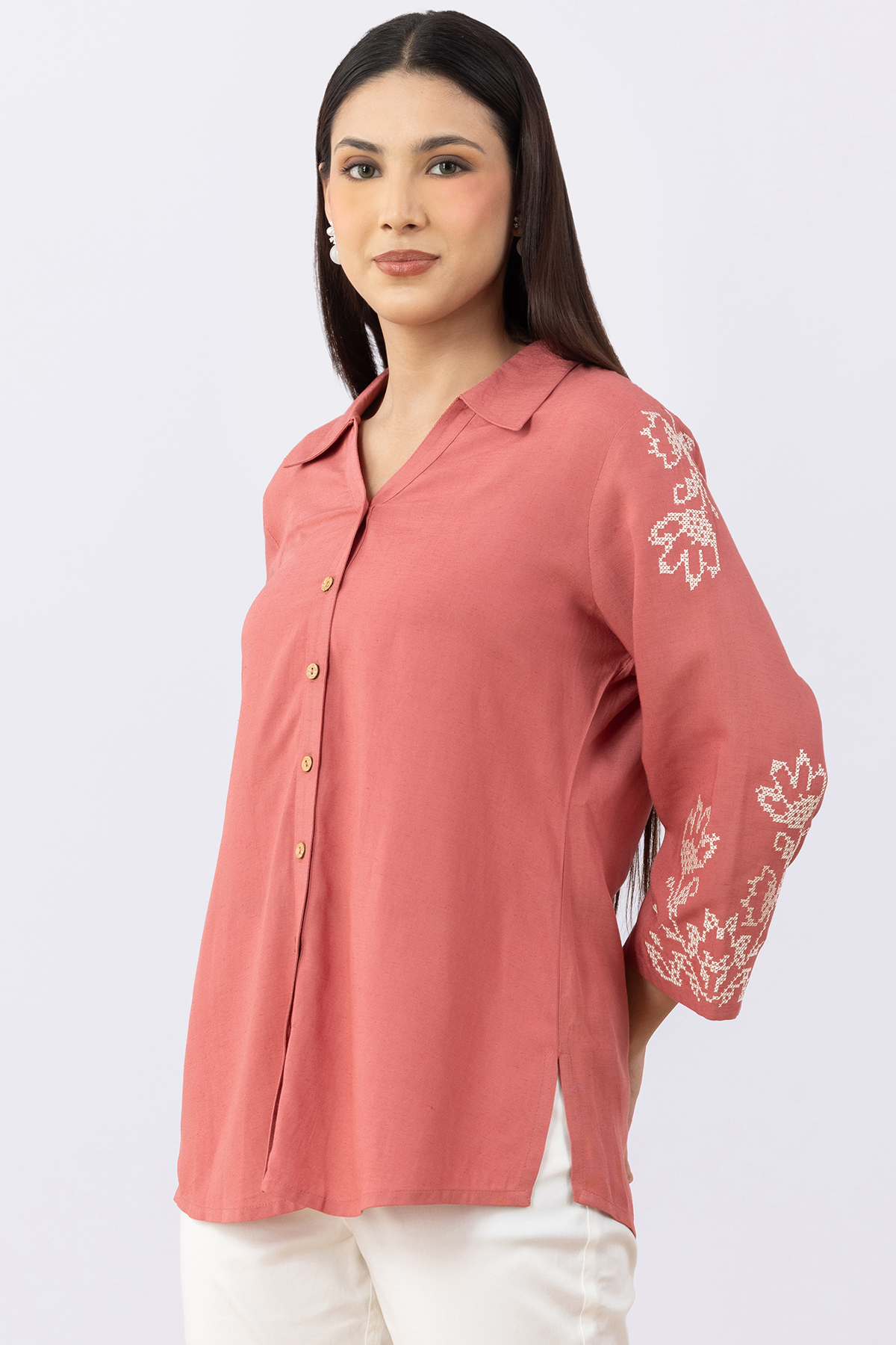 female linen shirt coral embroidered viscose linen collared 3/4 sleeves