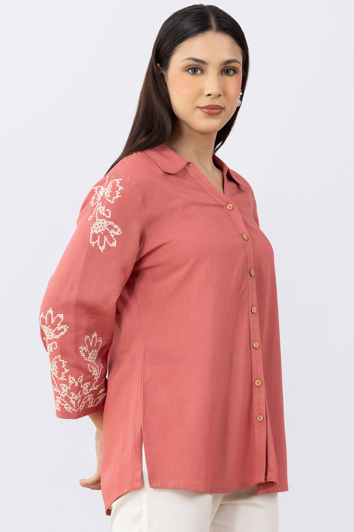 female linen shirt coral embroidered viscose linen collared 3/4 sleeves
