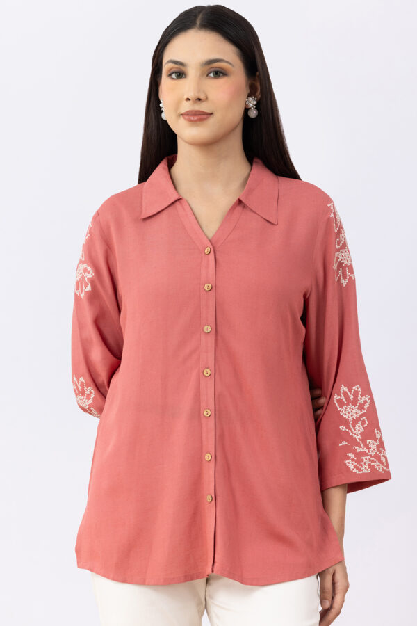 female linen shirt coral embroidered viscose linen collared 3/4 sleeves