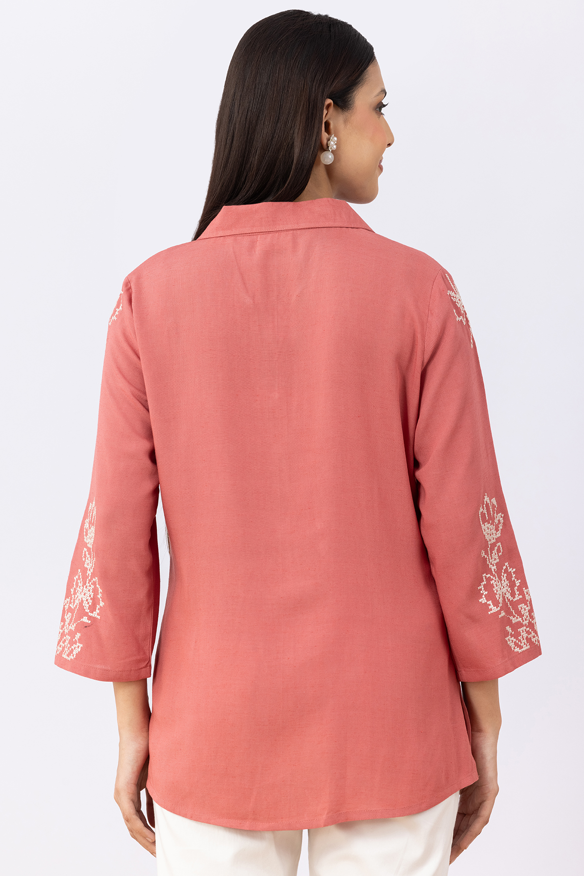 female linen shirt coral embroidered viscose linen collared 3/4 sleeves