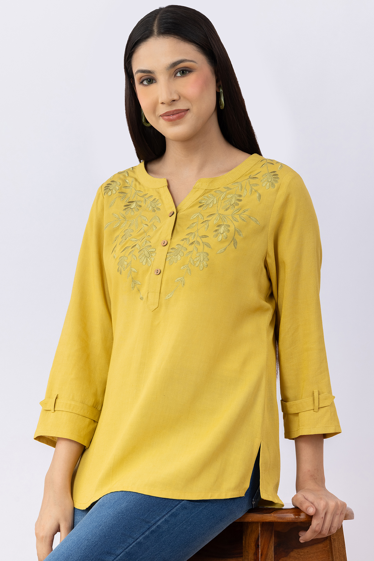ladies round neck top lemon yellow embroidered viscose linen 3/4 sleeves