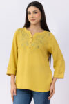 ladies round neck top lemon yellow embroidered viscose linen 3/4 sleeves