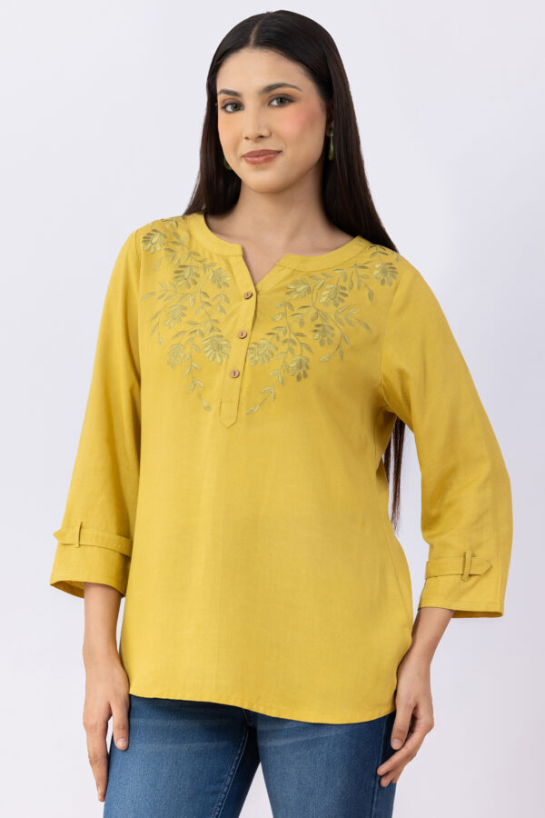ladies round neck top lemon yellow embroidered viscose linen 3/4 sleeves