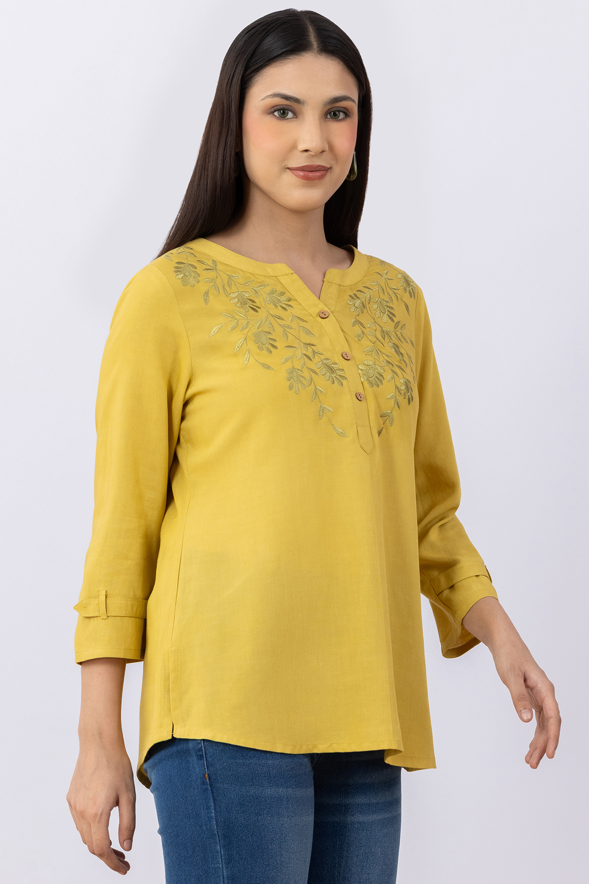 ladies round neck top lemon yellow embroidered viscose linen 3/4 sleeves