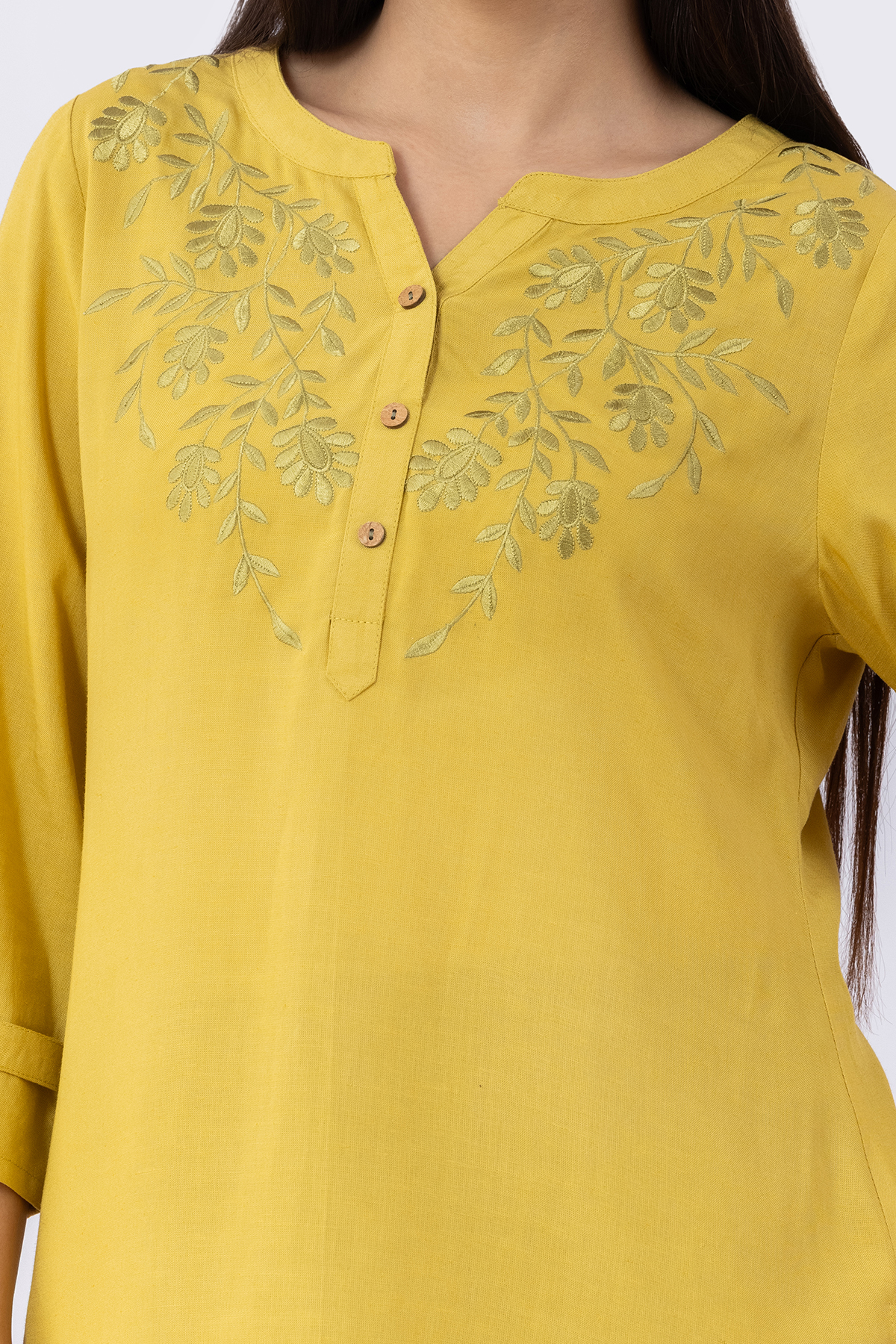 ladies round neck top lemon yellow embroidered viscose linen 3/4 sleeves