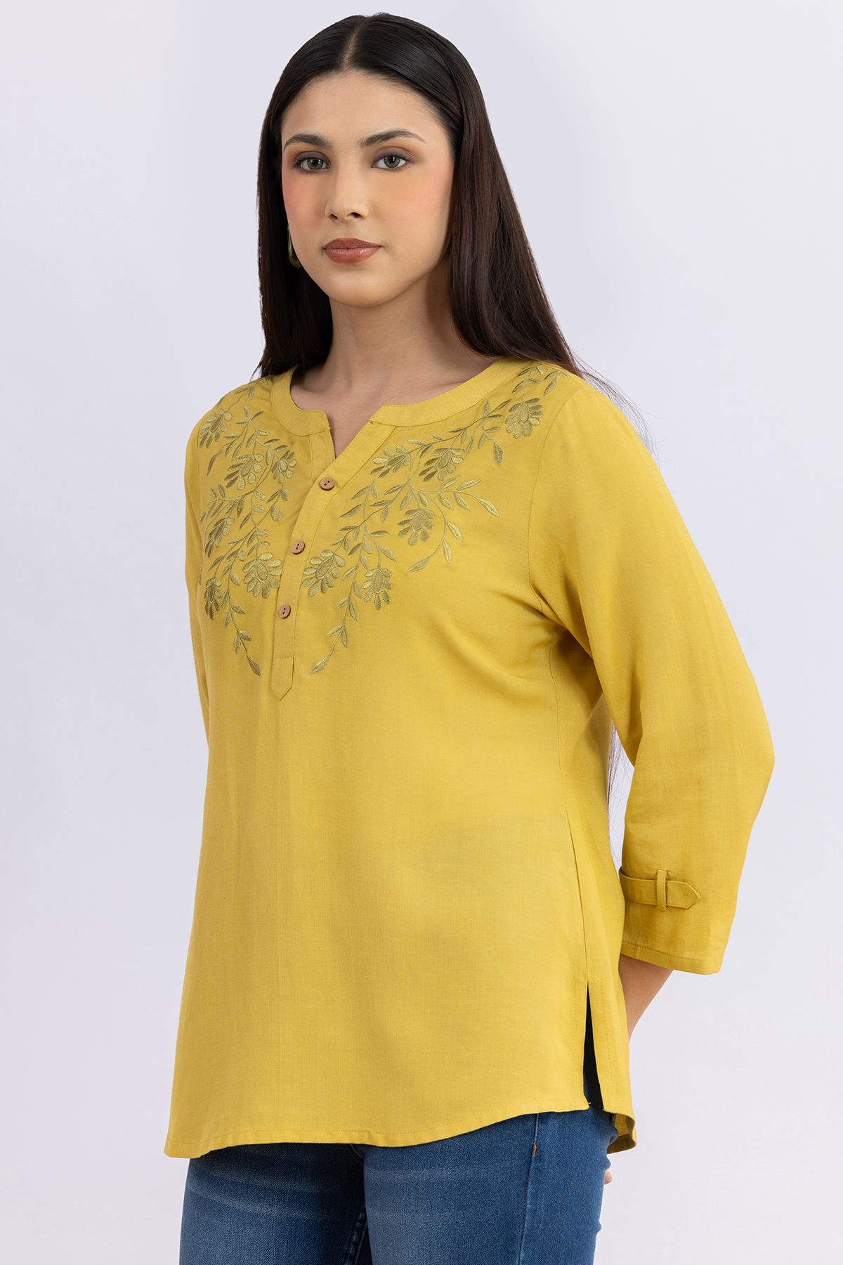 ladies round neck top lemon yellow embroidered viscose linen 3/4 sleeves