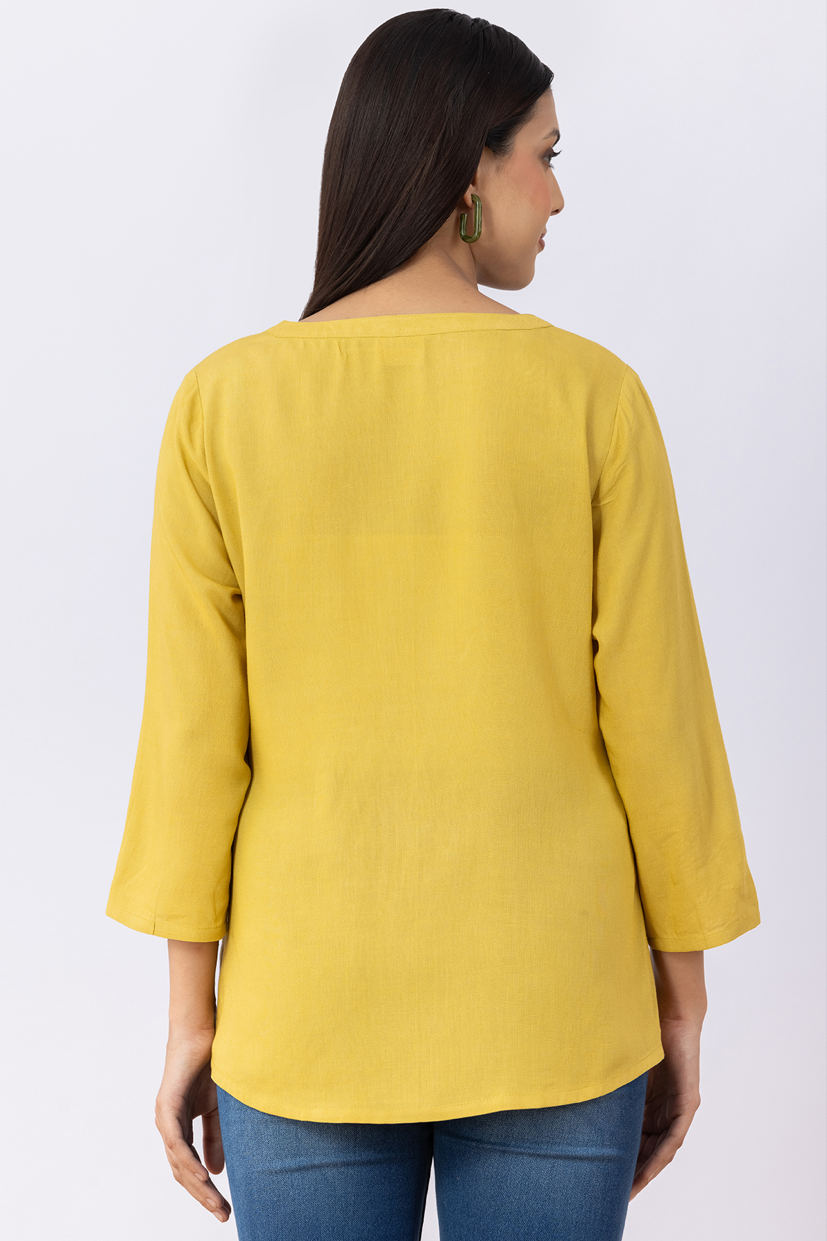 ladies round neck top lemon yellow embroidered viscose linen 3/4 sleeves