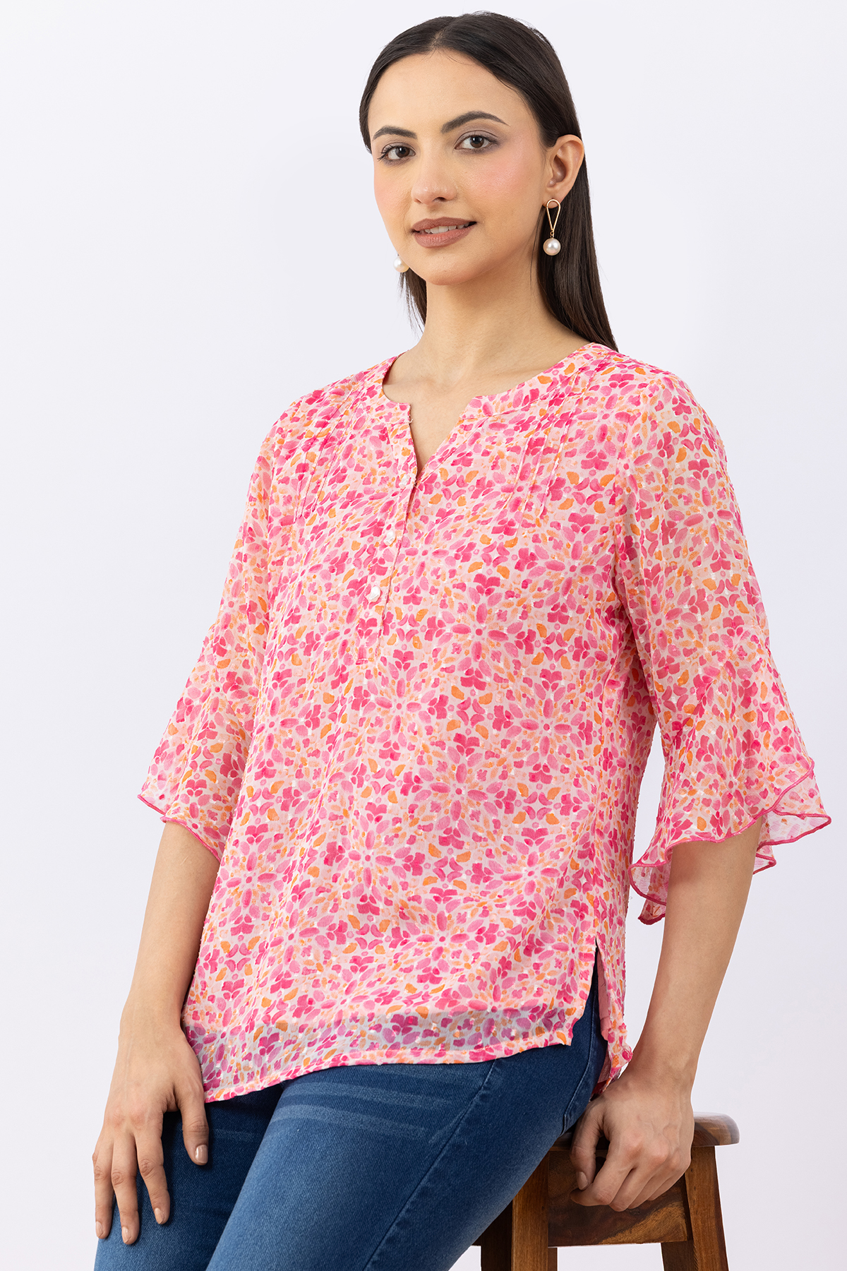 chiffon top for women pink printed chiffon buta round neck flared sleeves