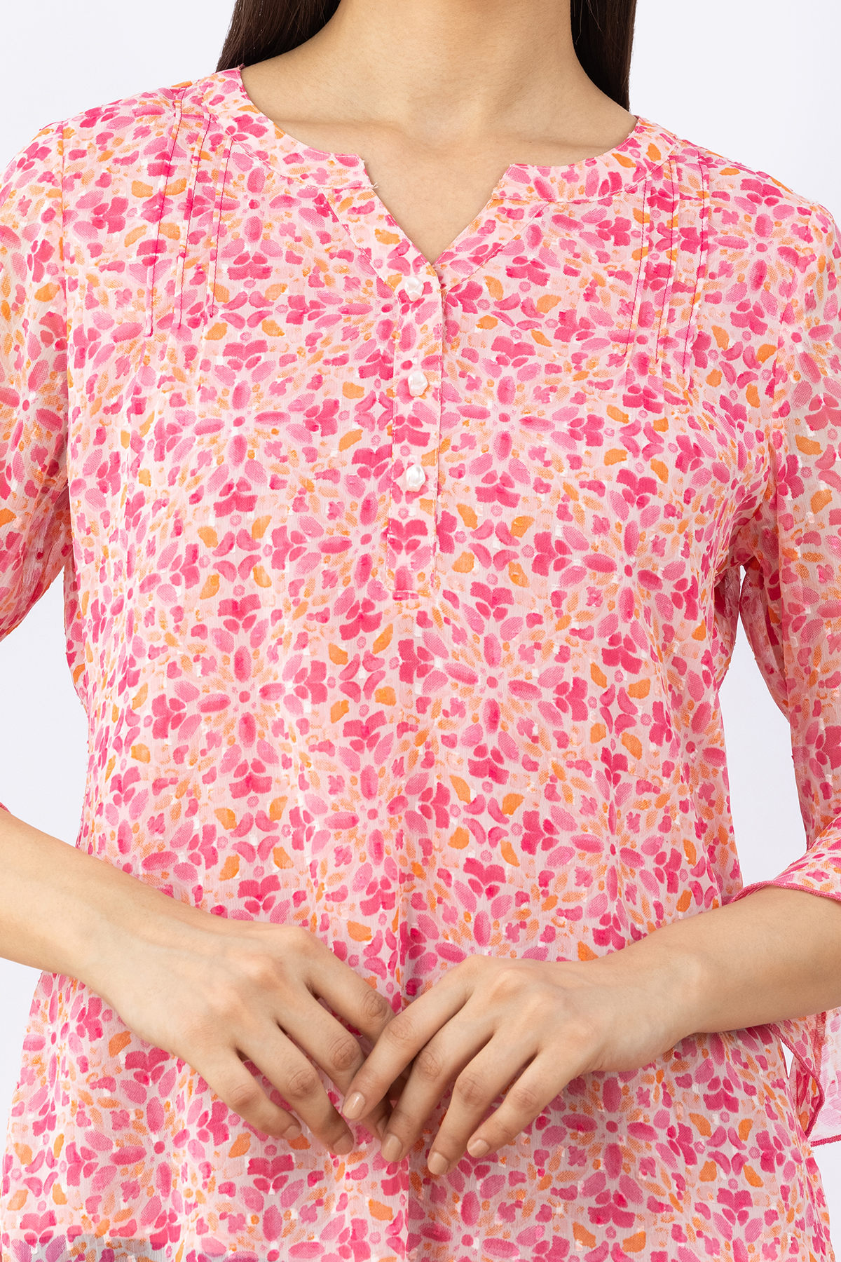 chiffon top for women pink printed chiffon buta round neck flared sleeves