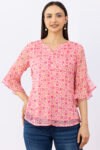 chiffon top for women pink printed chiffon buta round neck flared sleeves