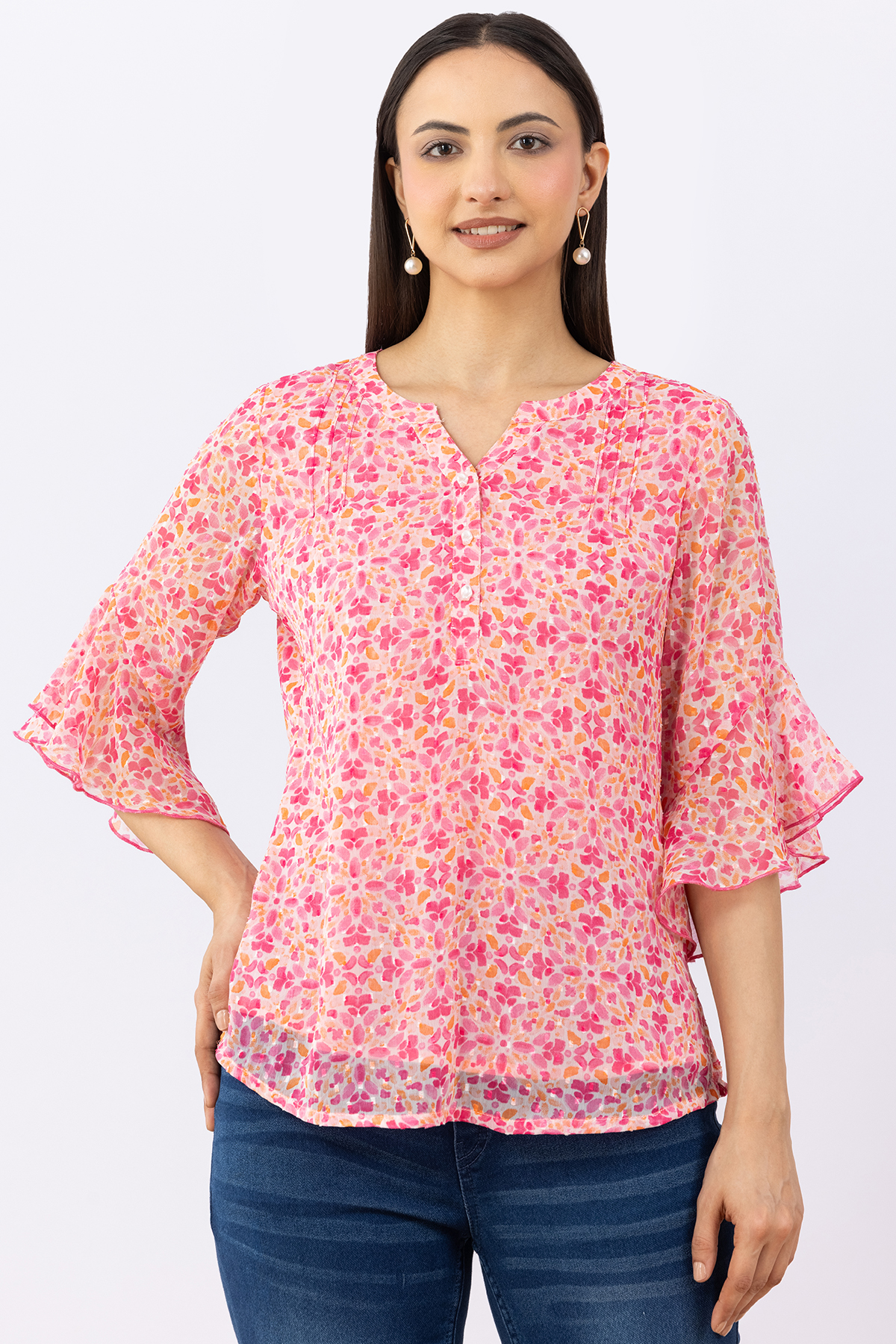 chiffon top for women pink printed chiffon buta round neck flared sleeves