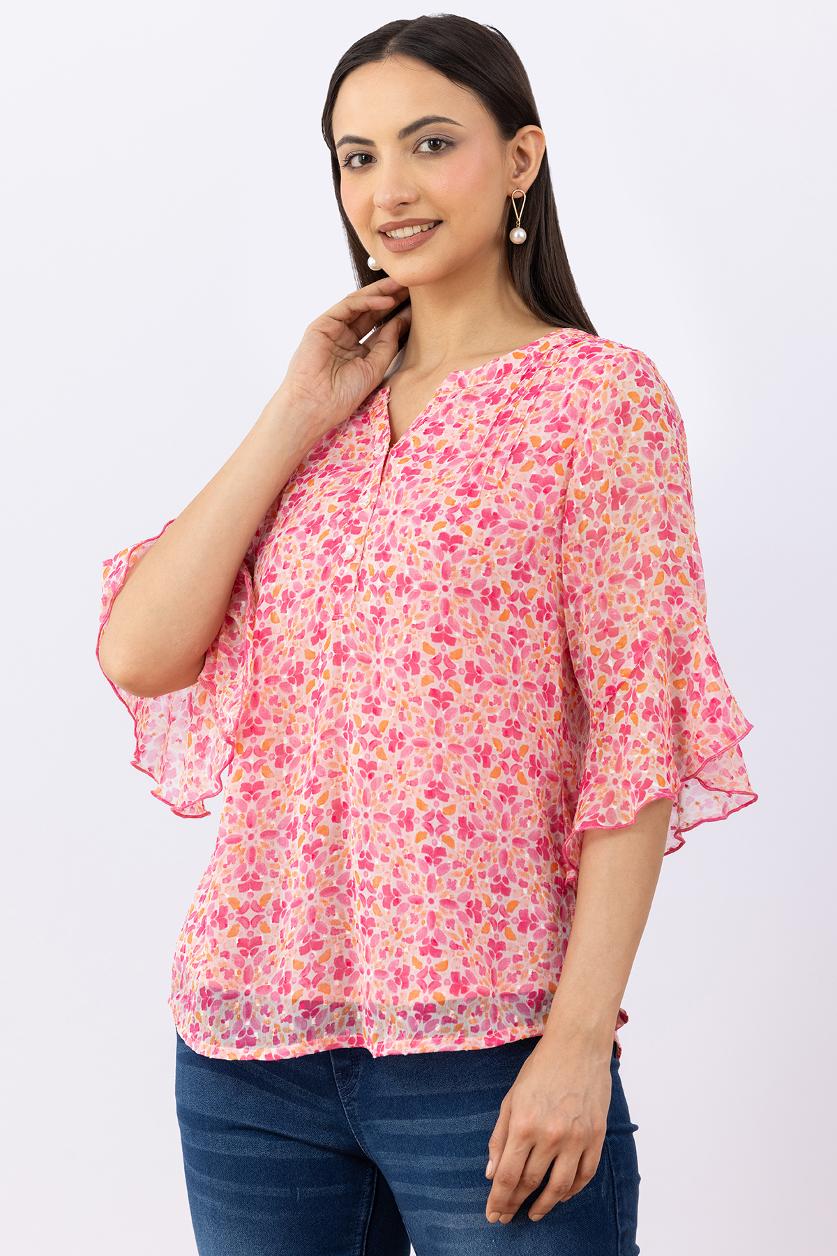 chiffon top for women pink printed chiffon buta round neck flared sleeves