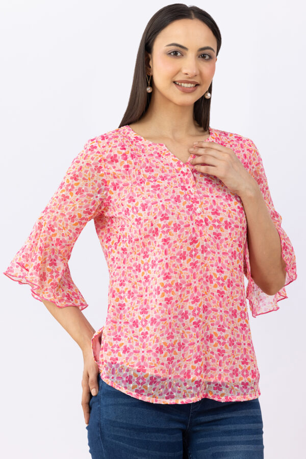 chiffon top for women pink printed chiffon buta round neck flared sleeves
