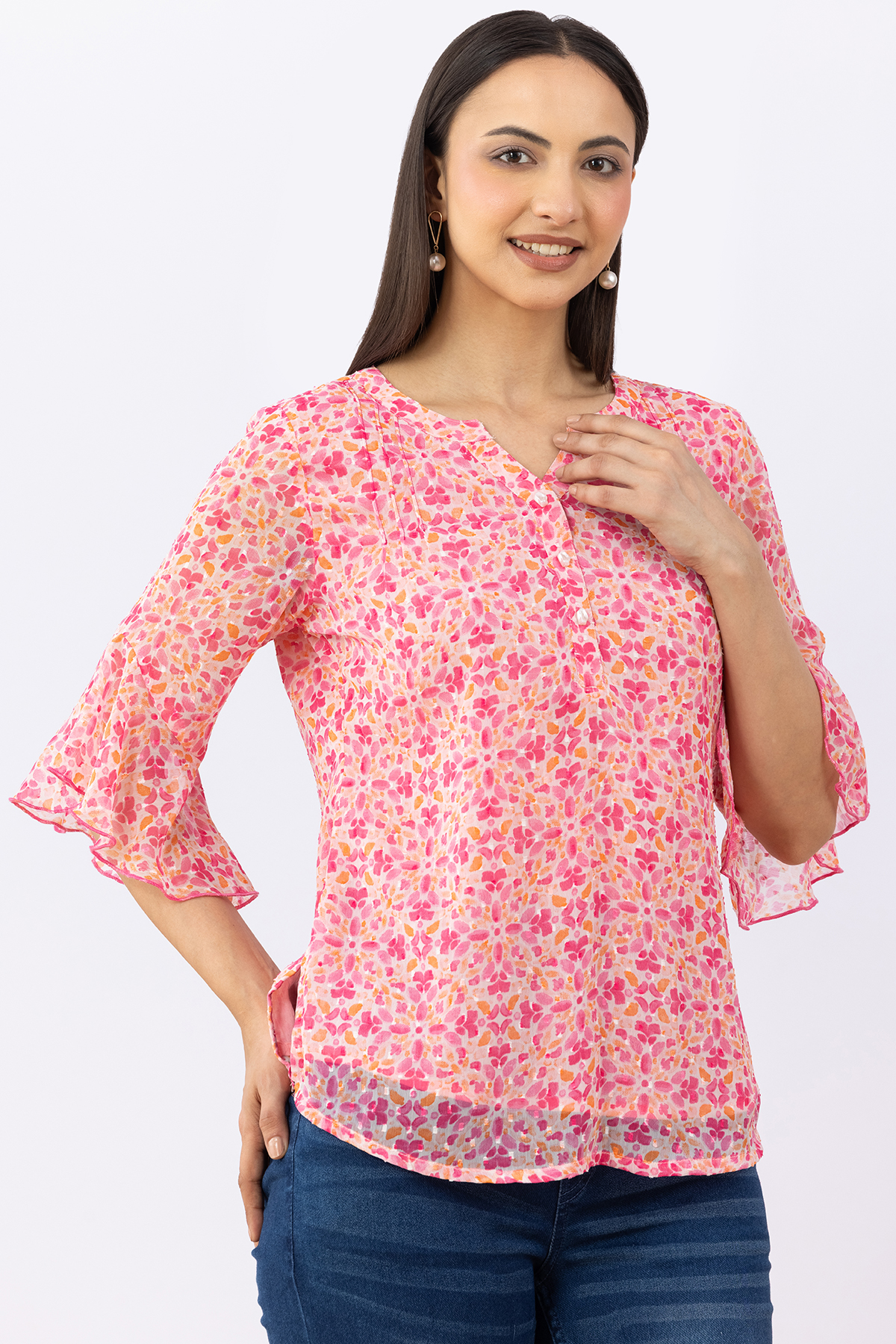 chiffon top for women pink printed chiffon buta round neck flared sleeves