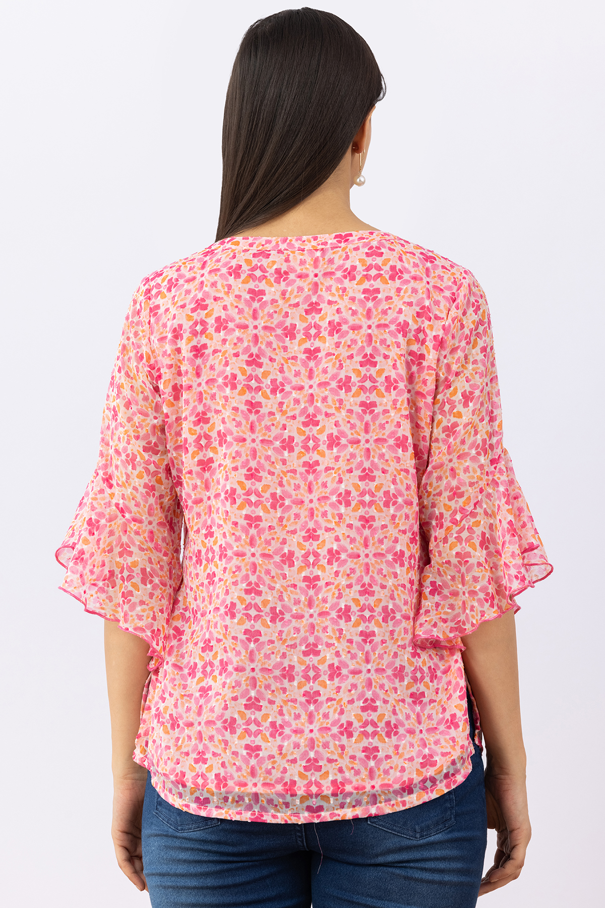 chiffon top for women pink printed chiffon buta round neck flared sleeves