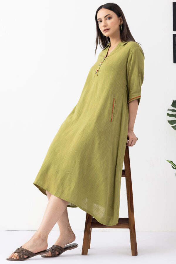 collared dress for women lime green viscose cotton slub half sleeves