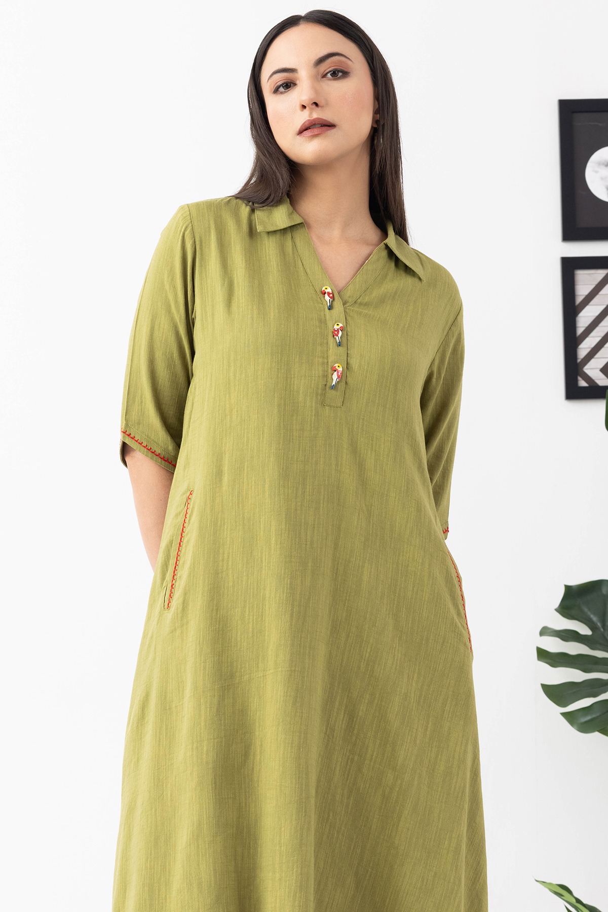 collared dress for women lime green viscose cotton slub half sleeves