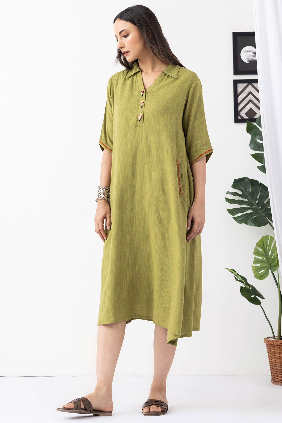 collared dress for women lime green viscose cotton slub half sleeves