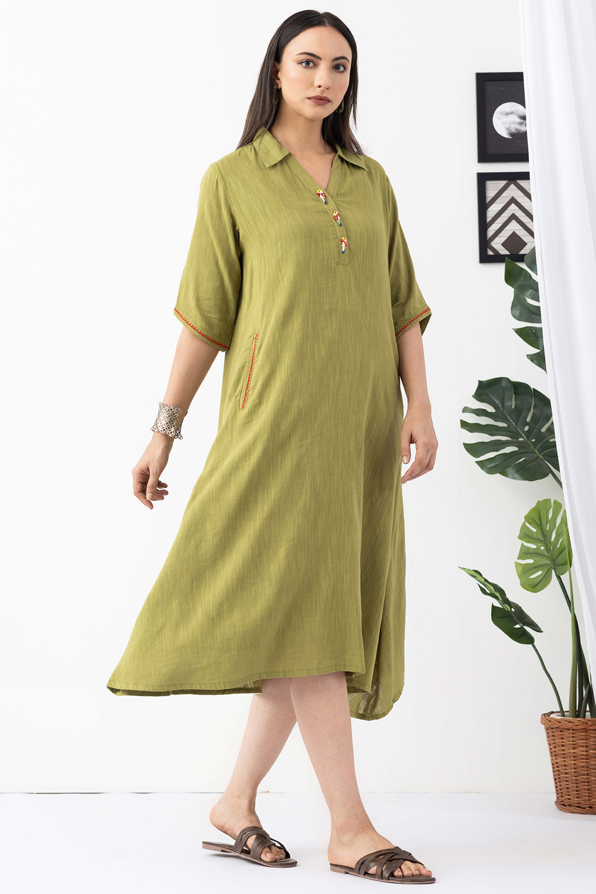collared dress for women lime green viscose cotton slub half sleeves