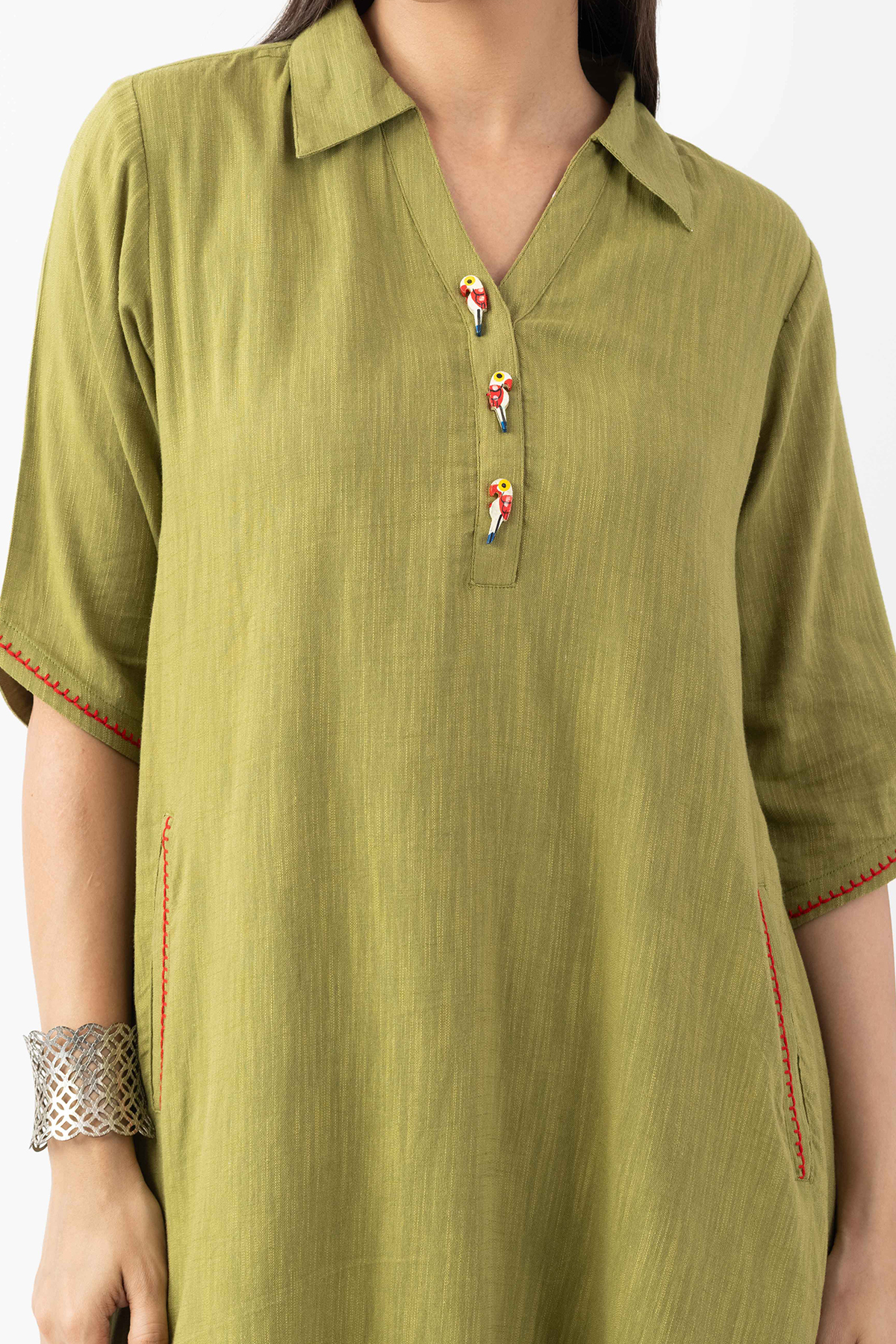 collared dress for women lime green viscose cotton slub half sleeves