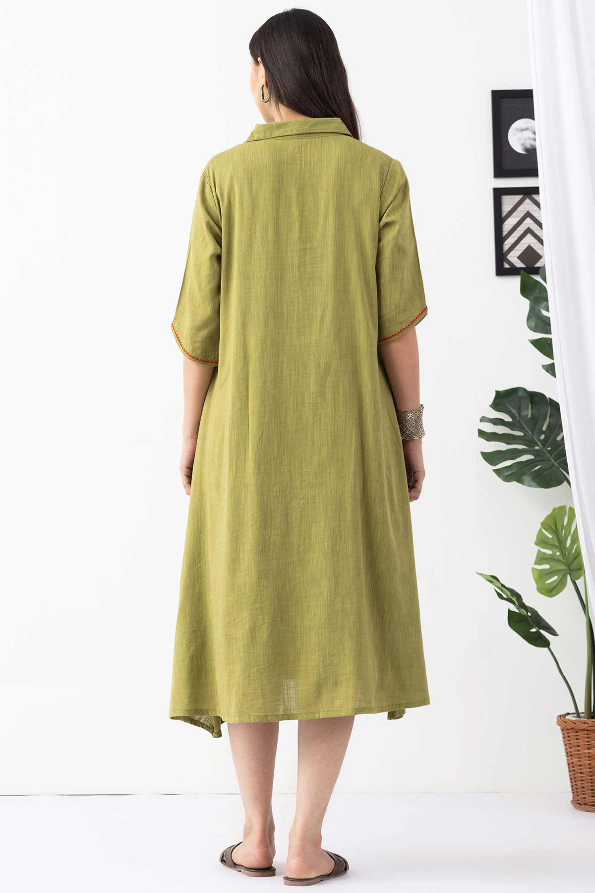 collared dress for women lime green viscose cotton slub half sleeves