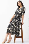 black dress for women party wear black beige printed viscose half sleeves