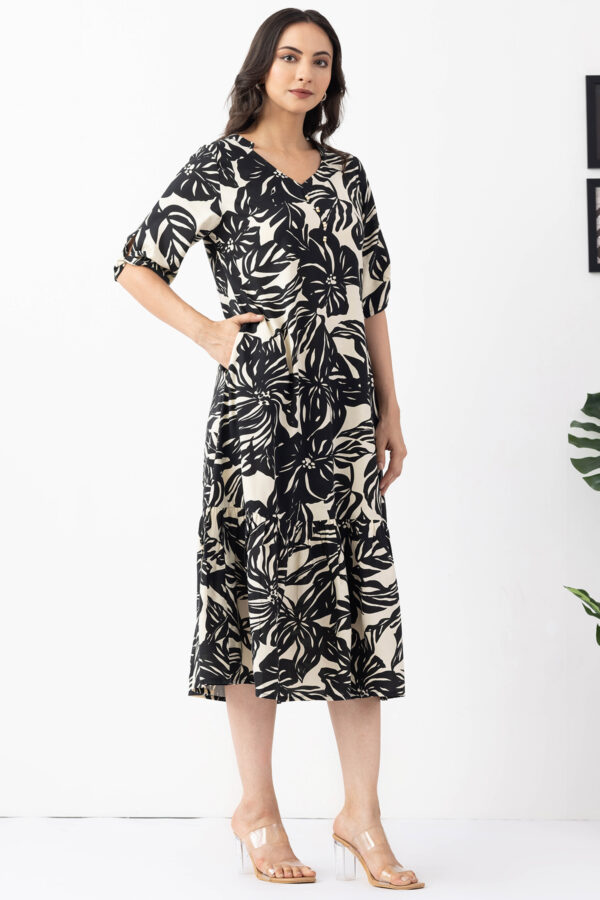 black dress for women party wear black beige printed viscose half sleeves